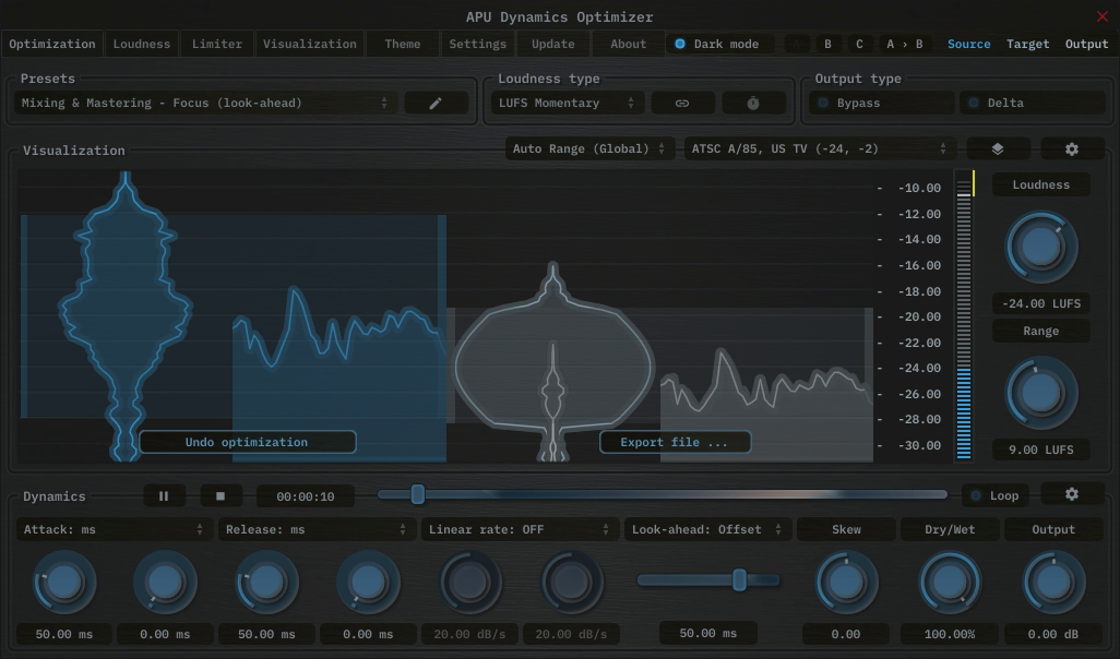 APU Dynamics Optimizer showing ATSC A/85, US TV target at -24 LUFS