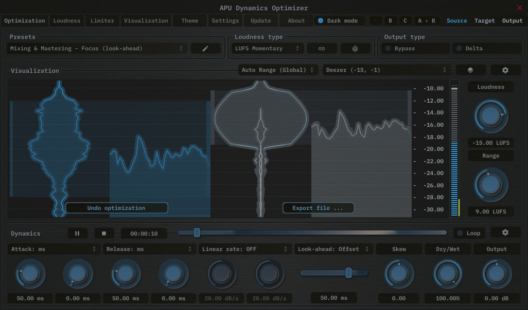 APU Dynamics Optimizer showing Deezer target at -15 LUFS