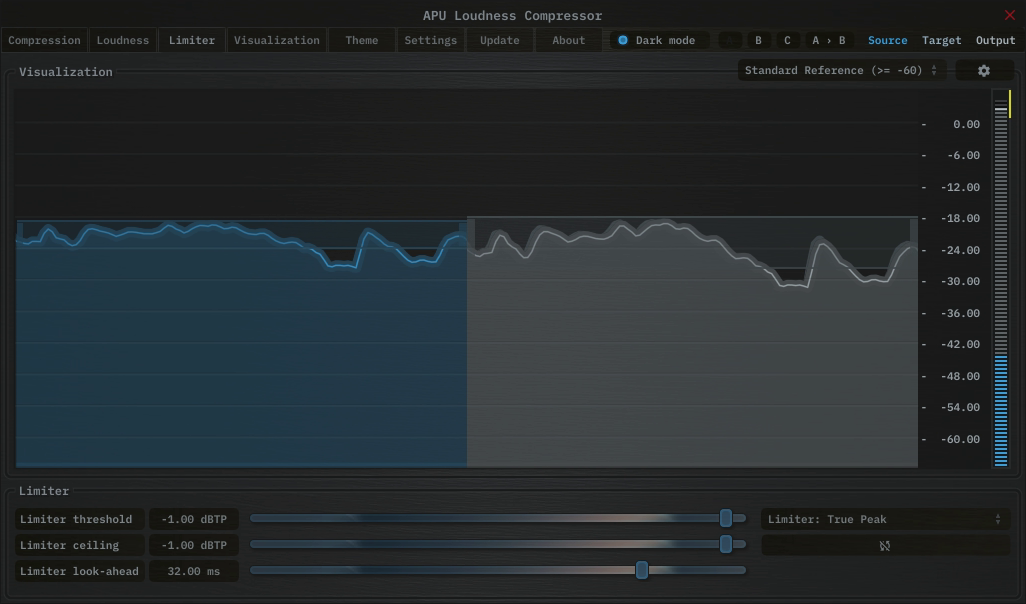 APU Loudness Compressor showing EBU R128, Broadcast target at -1 dBTP