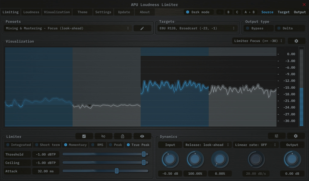 APU Loudness Limiter showing EBU R128, Broadcast target at -23 LUFS