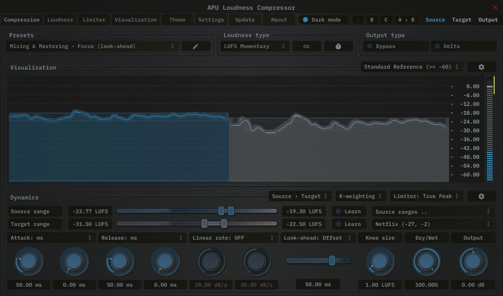 APU Loudness Compressor showing Netflix target at -27 LUFS