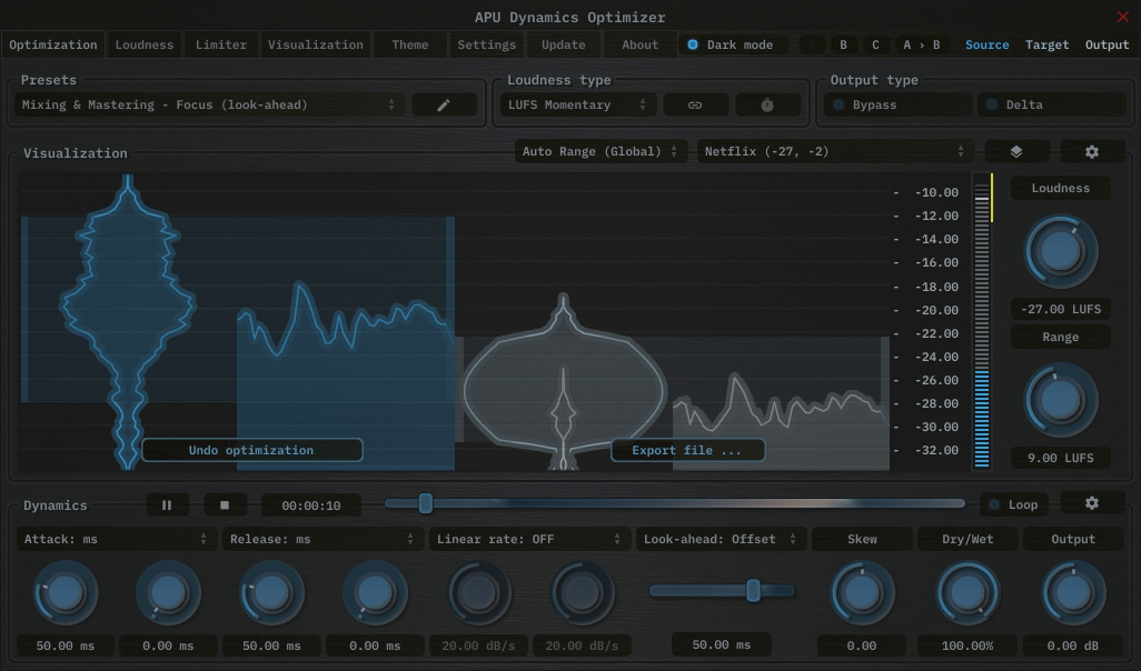 APU Dynamics Optimizer showing Netflix target at -27 LUFS