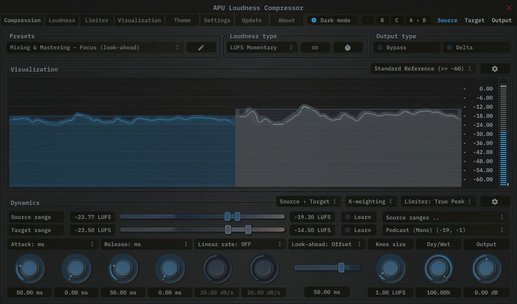 APU Loudness Compressor showing Podcast (Mono) target at -19 LUFS