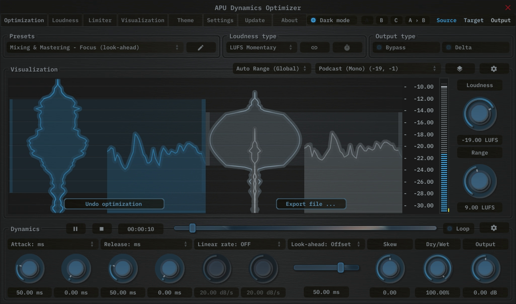 APU Dynamics Optimizer showing Podcast (Mono) target at -19 LUFS