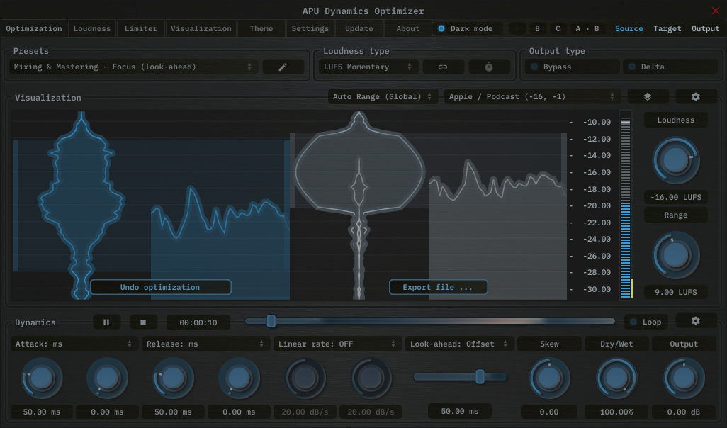 APU Dynamics Optimizer showing Podcast (Stereo) target at -16 LUFS