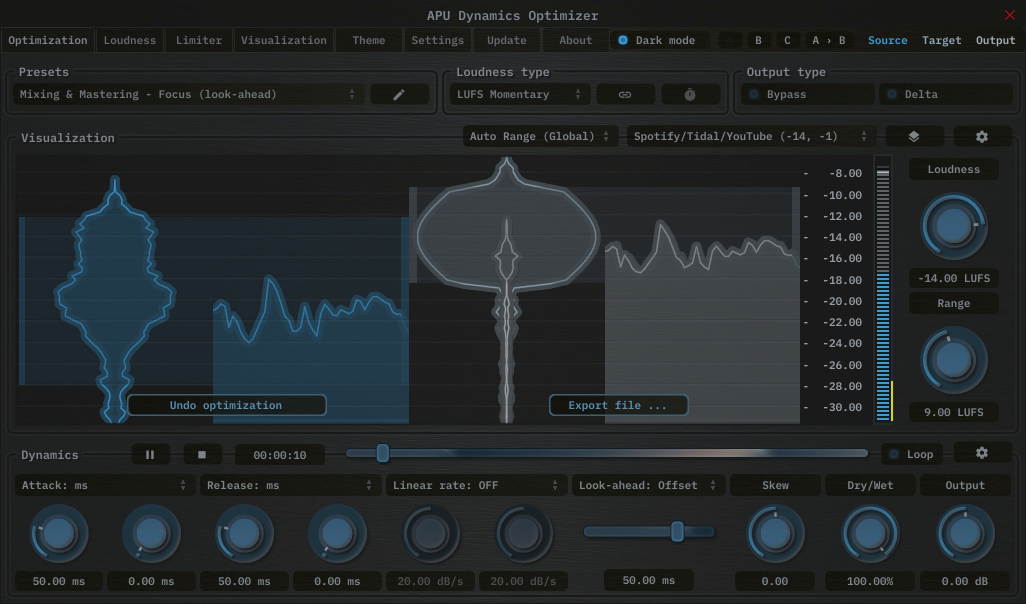 APU Dynamics Optimizer showing SoundCloud target at -14 LUFS