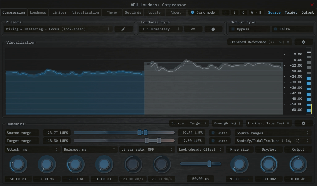 APU Loudness Compressor showing Spotify target at -14 LUFS