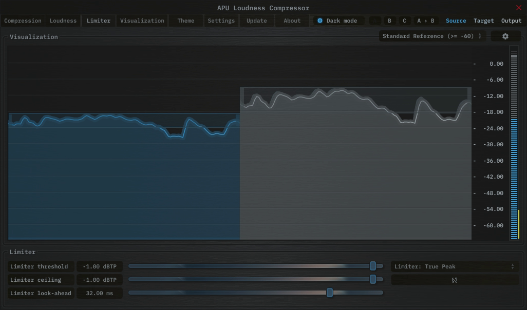 APU Loudness Compressor showing Tidal target at -1 dBTP