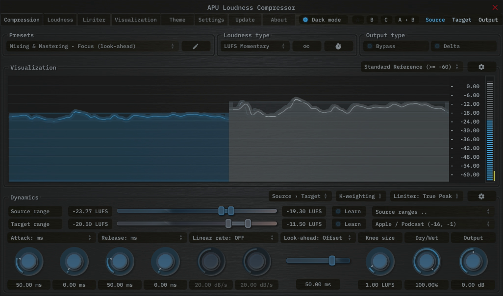 APU Loudness Compressor showing Social Media (TikTok/Reels) target at -16 LUFS