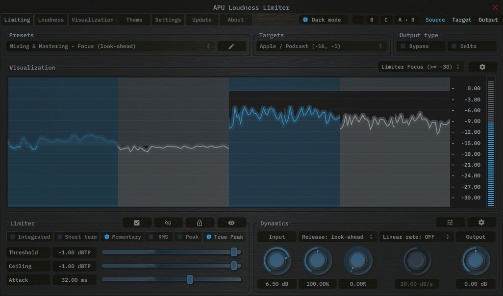APU Loudness Limiter showing Social Media (TikTok/Reels) target at -16 LUFS